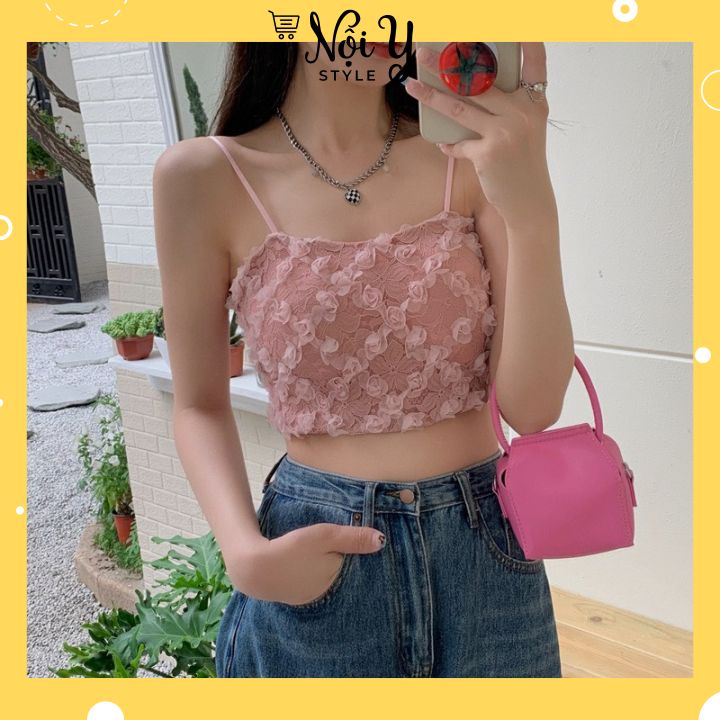 Áo Bra Nữ Ren Hoa Hồng 2 Dây Dáng Croptop Cao Cấp Kèm Mút Nâng Ngực MS20223