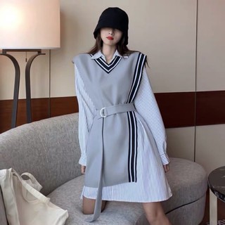 SET VÁY SƠ MI DÁNG DÀI VÀ GILE KẺ SỌC XẺ VẠT HAI MÀU