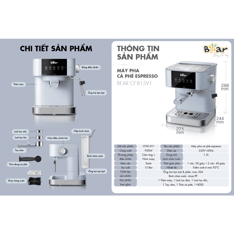 Máy pha cafe Bear cao cấp Espresso đậm vị Italy hàng chính hãng bảo hành 12 tháng KFJ-A15L1 (CF-B15V1)