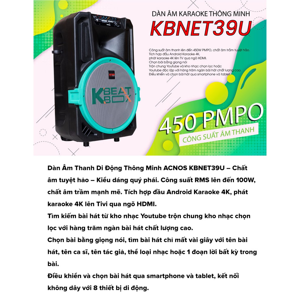 Loa Kéo Karaoke Di Động Bluetooth Acnos Kbeatbox KBNET39U 100W 4 Tấc, Remote Giọng Nói, 2 Mic Đi Kèm - Hàng Chính Hãng