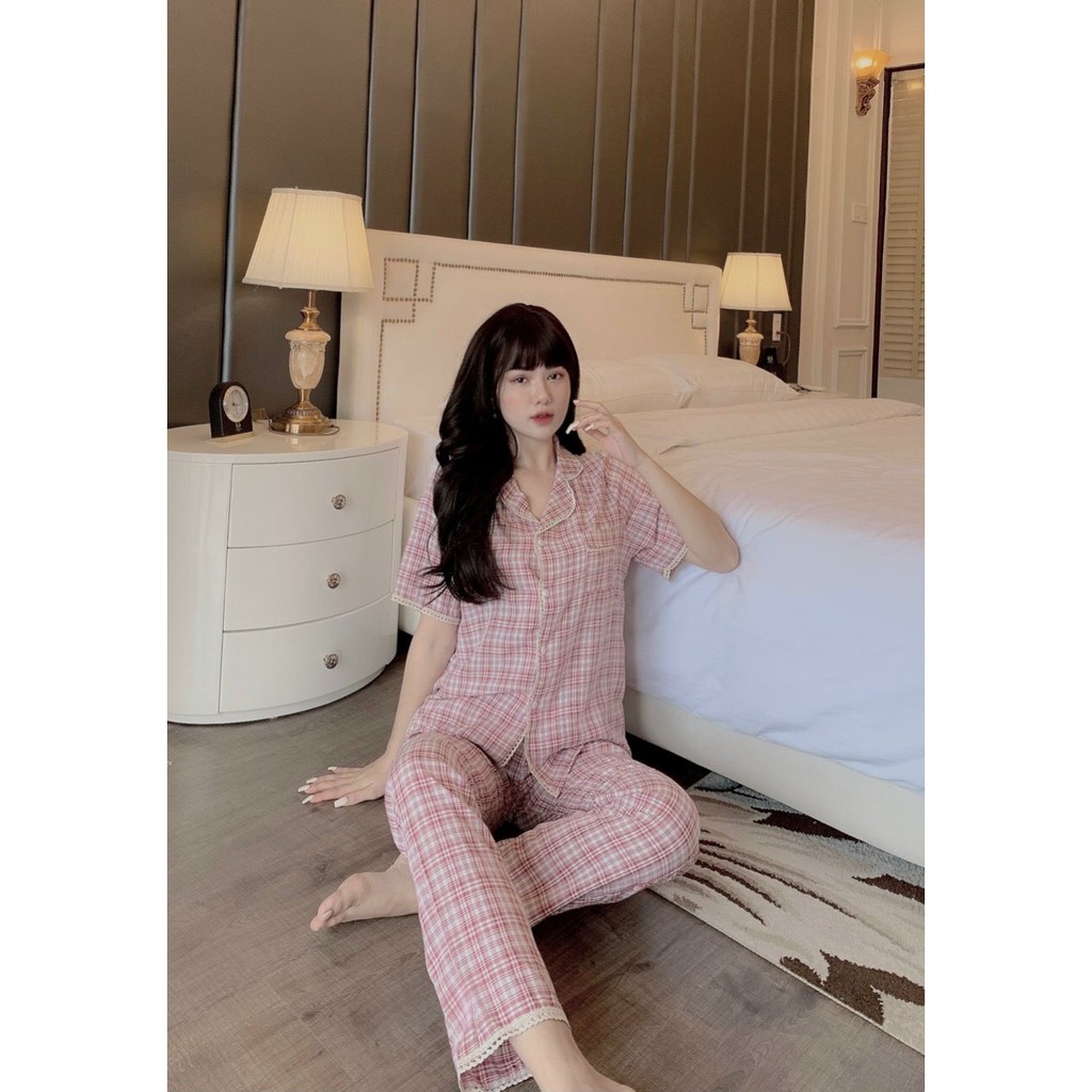 ( Xả Hàng Bán Lỗ ) Bộ Đồ pijama- Chất Đũi Xước Họa Tiết Kẻ ka rô Viền Ren Hàng Cao Cấp [ ảnh thật sp]