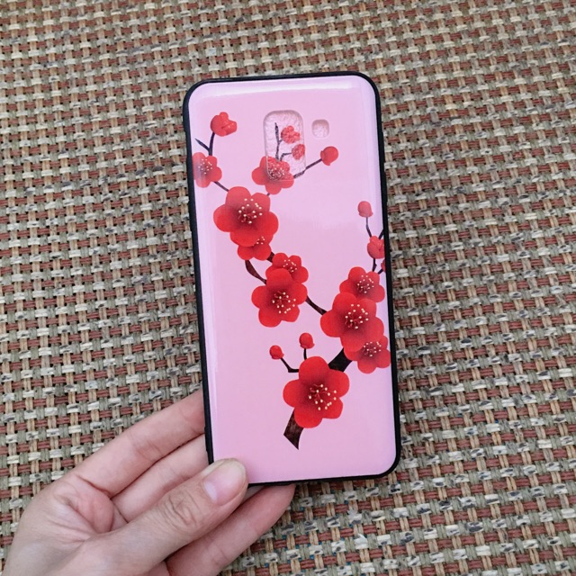 Ốp bóng sam sung J6 (2018) Hoa đào đỏ nền hồng