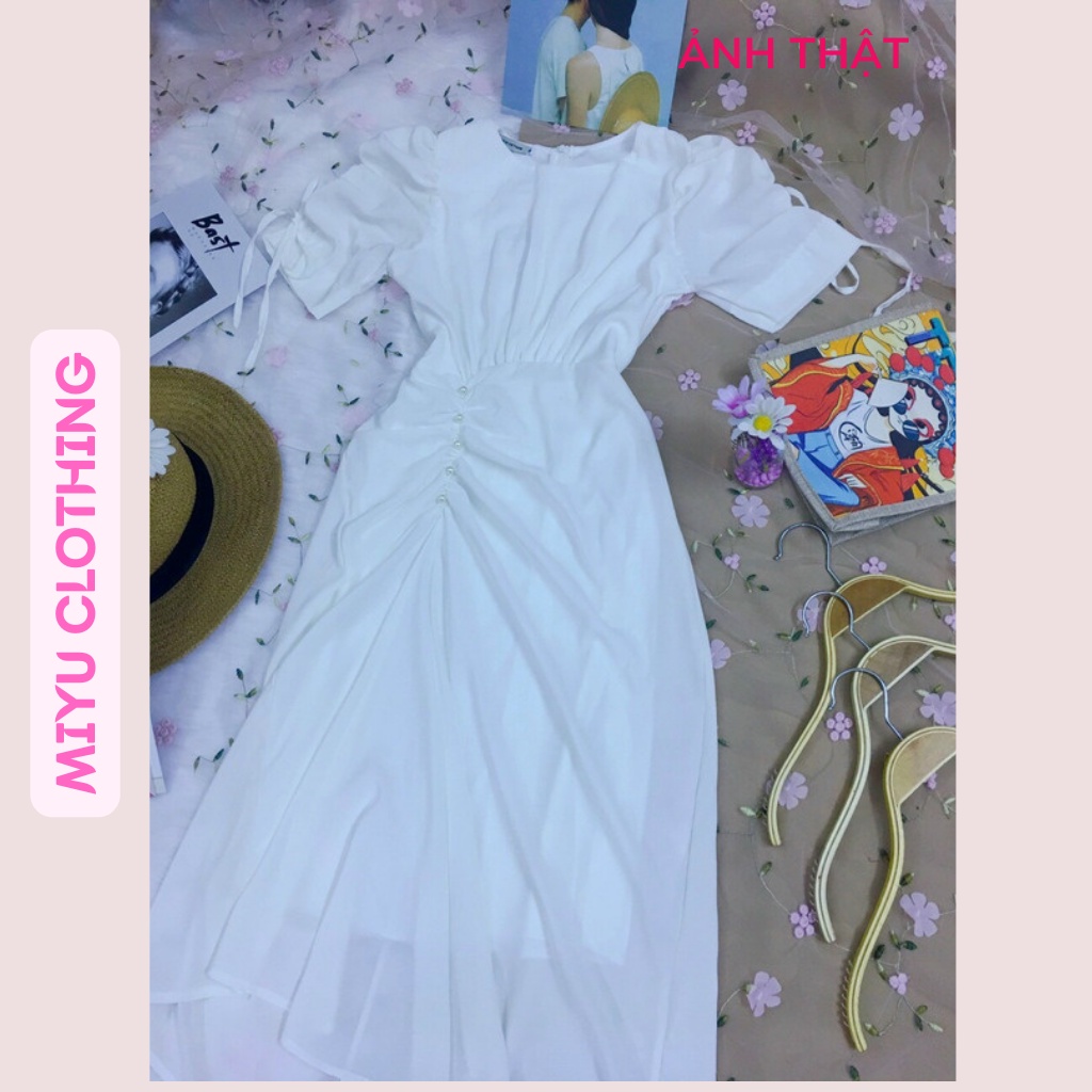 Đầm đẹp dự tiệc sang chảnh tay bồng nhún eo váy xòe dáng dài chất lụa Pháp cao cấp mềm mịn bóng mượt