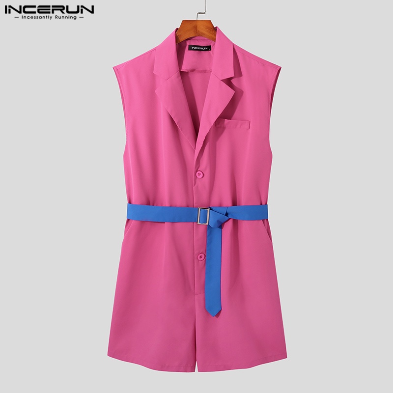 INCERUN Bộ Áo Liền Quần Cổ Bẻ Không Tay Phối Thắt Lưng Thời Trang Mùa Hè Cho Nam