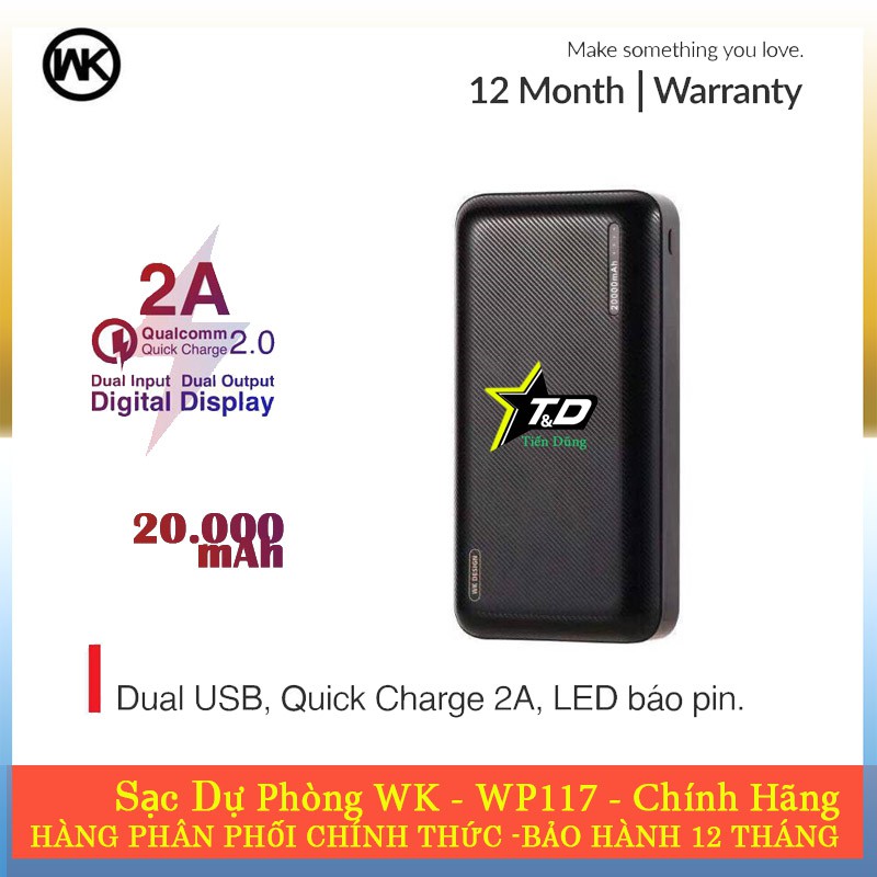 Pin dự phòng Remax WK WP-117 Herze 20000mAh 2 cổng USB chính hãng