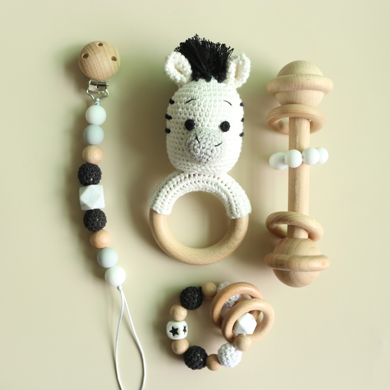 Bộ 4 Vòng Đeo Tay Có Giá Đỡ Núm Vú Giả Họa Tiết Ngựa Vằn Dễ Thương Cho Bé Sơ Sinh Mọc Răng