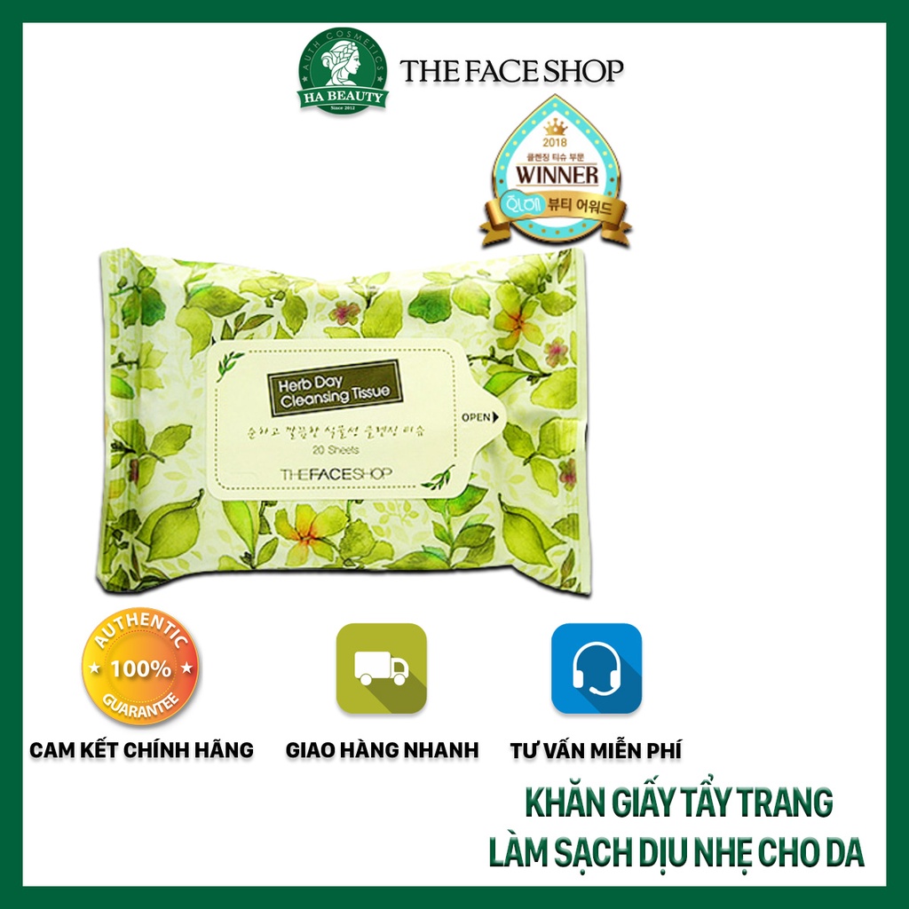 Khăn giấy tẩy trang làm sạch dịu nhẹ cho da chiết xuất thiên nhiên an toàn The Face Shop Herb Day Cleasing Tissue 20ea