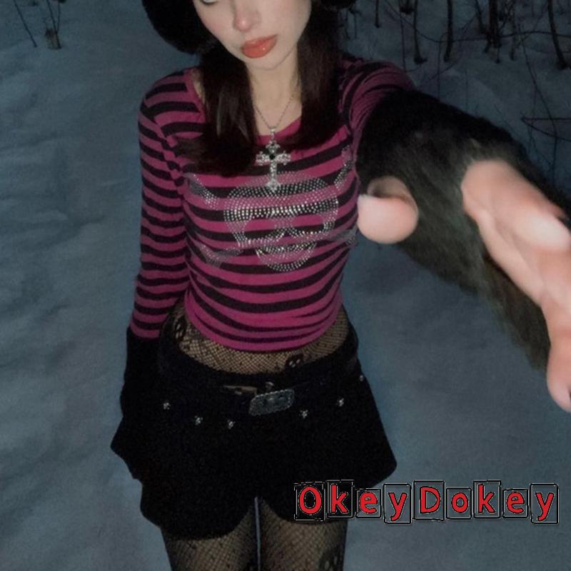 Áo Thun Dài Tay Ôm Dáng Phối Ren Dệt Kim Cho Nữ OKDK-Y2k