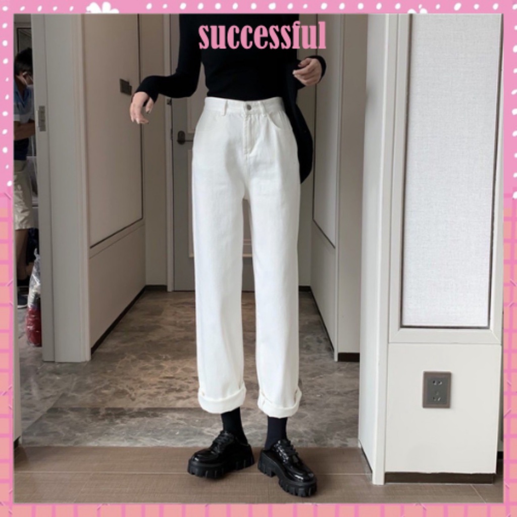 Quần jeans trắng cạp cao chất liệu bò dày đẹp phom suông rộng hack dáng