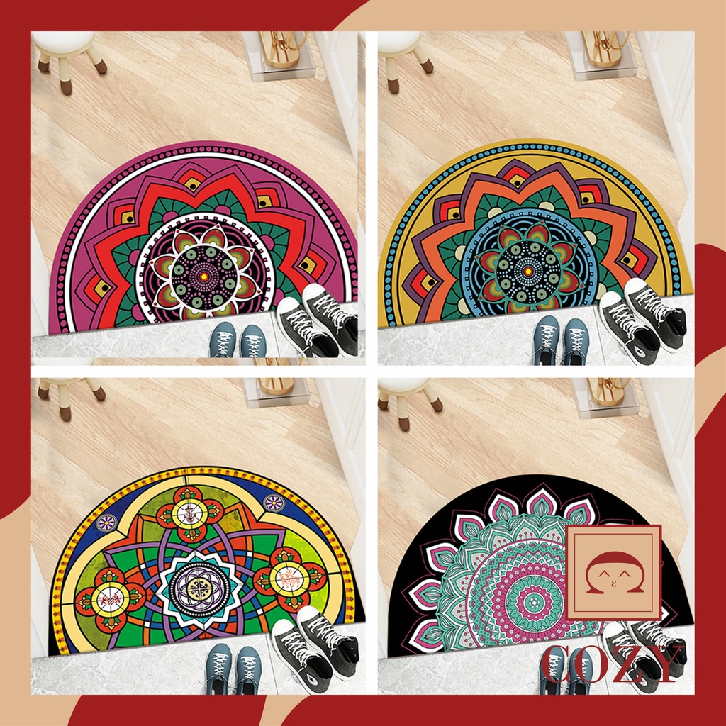 Thảm chùi chân họa tiết Bohemian 40x60(cm), Thảm lau chân phòng ngủ hình bán nguyệt, đế chống trượt cao cấp