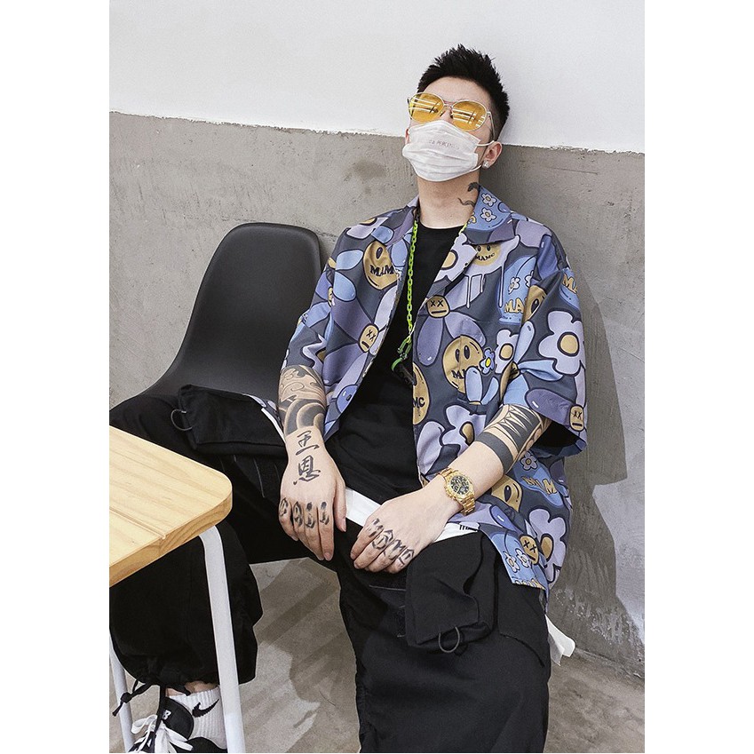 Áo sơ mi hoa mặt cười phom to tay lỡ unisex sẵn kho A00111