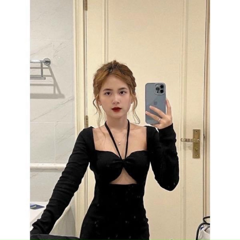 đầm body thun gân cut out ngực