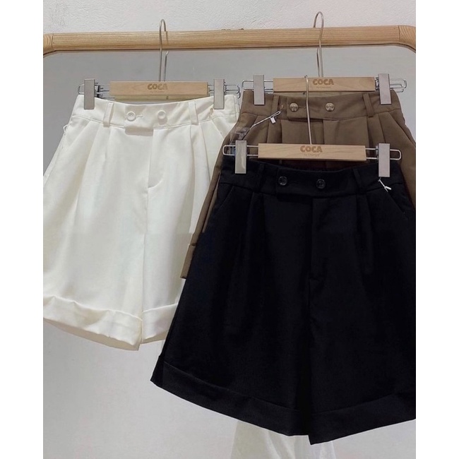 Quần short ulzzang cạp cao 2 cúc ống rộng chun lưng VER 2