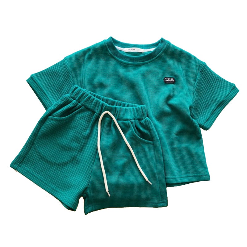 Bộ Áo Thun Tay Ngắn + Quần Short Cotton Trơn In Chữ Waffle Phong Cách Hàn Quốc Thời Trang Cho Bé Trai