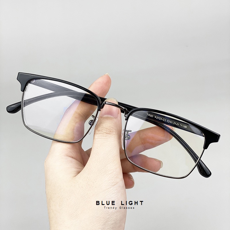 Gọng Kính Cận, Kính Mắt Giả Cận Nam Nữ Clubmaster Vuông Đen Gọng Nhựa Viền Kim Loại Hàn Quốc - BLUE LIGHT