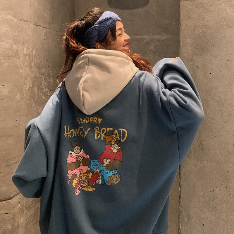 Áo nỉ hoodie nữ form rộng Áo hoodie nữ form rộng nỉ bông có mũ dài unisex oversize hình HONEY BREAD màu xám