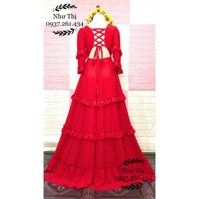 (miễn phí chỉnh váy) maxi boho hở lưng váy xòe viền bèo du lịch chụp hình thời trang sống ảo đà lạt hoa thiết kế | BigBuy360 - bigbuy360.vn