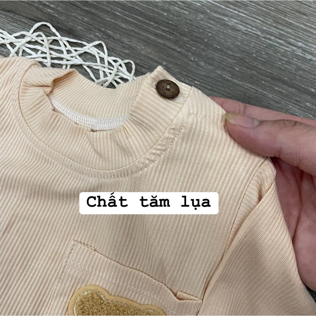 Bộ dài minky mom cài vai tăm lụa cạp cao hình gấu, bộ cạp cao thu đông cho bé sơ sinh
