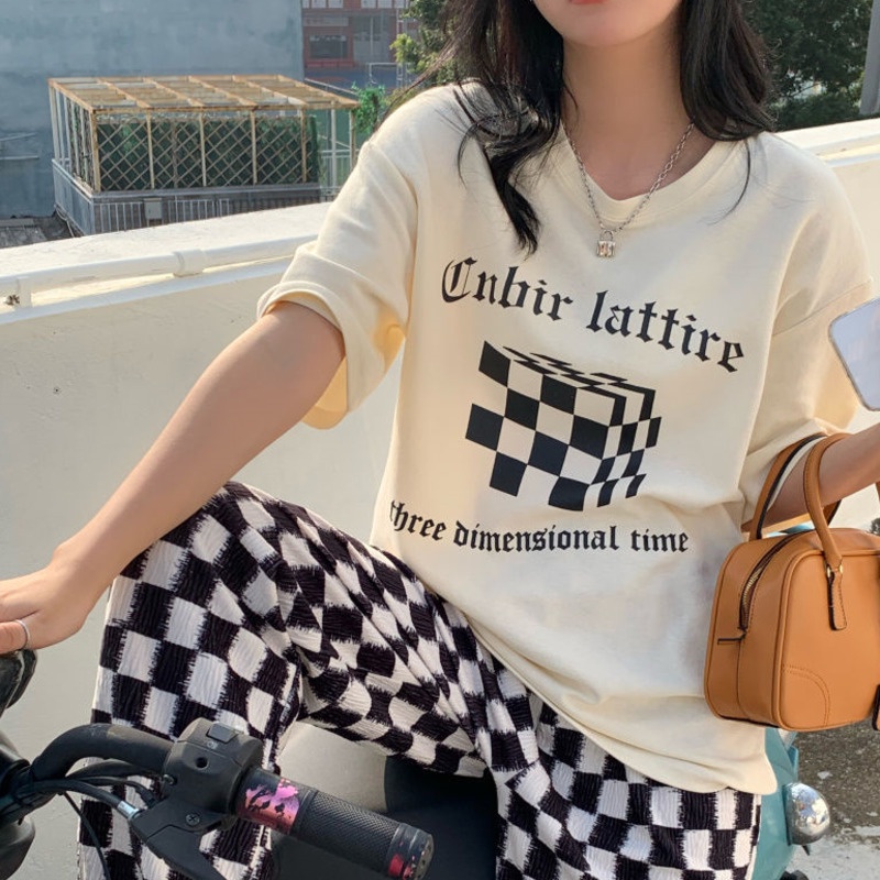 Áo Thun Tay Ngắn Cổ Tròn Dáng Rộng In Họa Tiết Caro Phong Cách Hàn Quốc Thời Trang