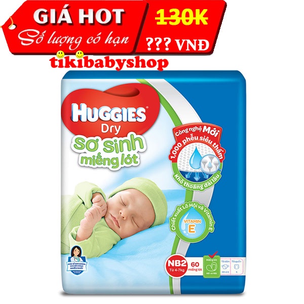 Miếng Lót Sơ Sinh Huggies Dry Newborn 2 - 60 Miếng cho bé 4-7kg