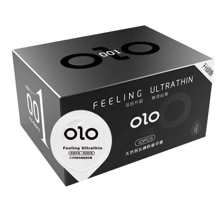 Bao cao su OLO 0.01 Đen Feeling Ultrathin siêu mỏng, hương vani, nhiều gel bôi trơn - Hộp 10 bcs