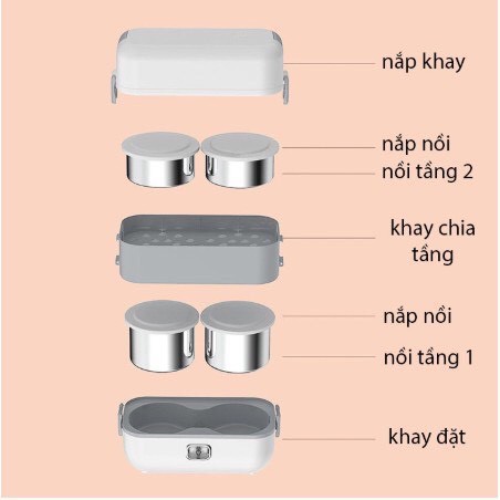 Hộp Cơm Cắm Điện BUCOOK, Hộp Đựng Cơm Văn Phòng Giúp Nấu Chín Và Hâm Nóng Thức Ăn 2 Tầng Kèm 4 Hộp INOX Không Gỉ