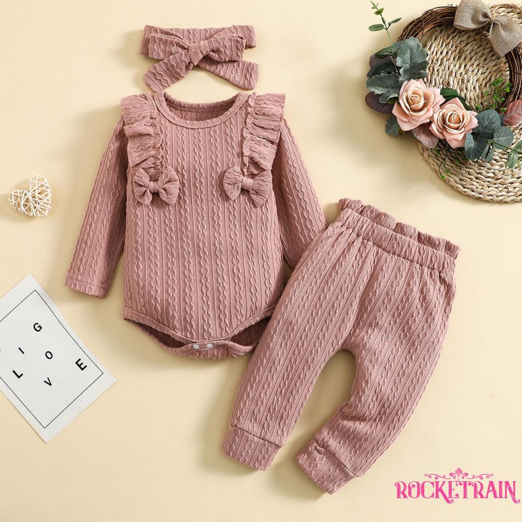 Set Đồ 3 Món Gồm Áo Liền Thân Tay Dài Cổ Tròn Đính Nơ Màu Sắc Trơn + Quần Dài + Băng Đô Cài Tóc Cho Bé Gái