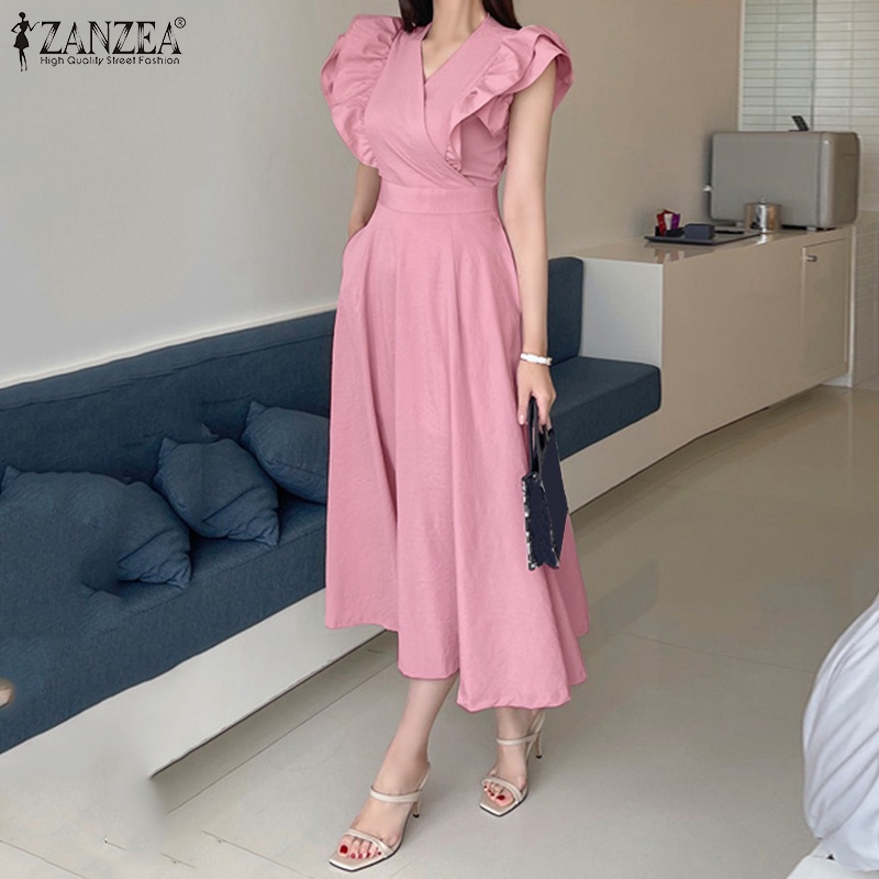 Đầm dài ZANZEA cổ chữ V tay bèo thời trang cho nữ