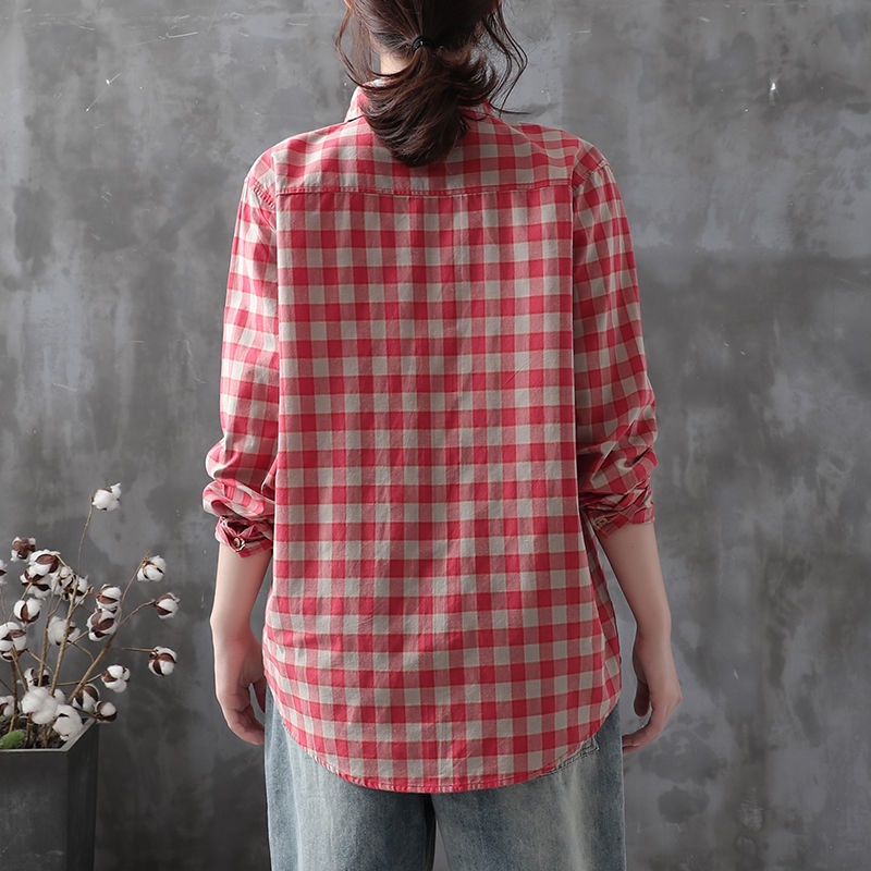 Áo Sơ Mi Chất Liệu Cotton Lanh Thiết Kế Mới Họa Tiết Sọc Caro Thời Trang Theo Phong Cách Vintage