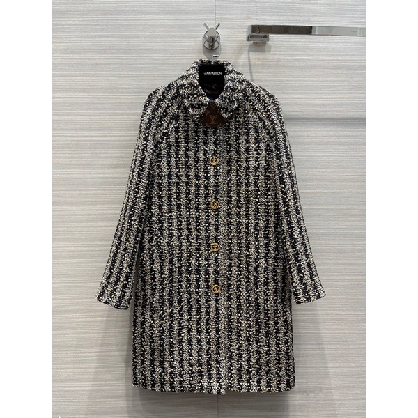 Áo khoác dạ nữ dáng dài cổ vẻ hoạ tiết sọc dọc thương hiệu thời trang cao cấp Louis Vuitton Lv