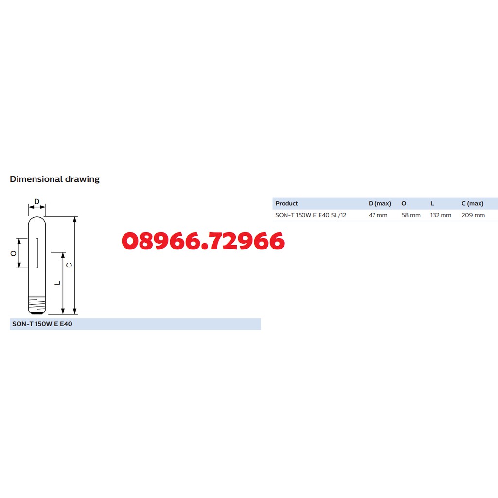 Bóng cao áp Philips Sodium dạng thẳng SON-T 150W E E40 SLV/12