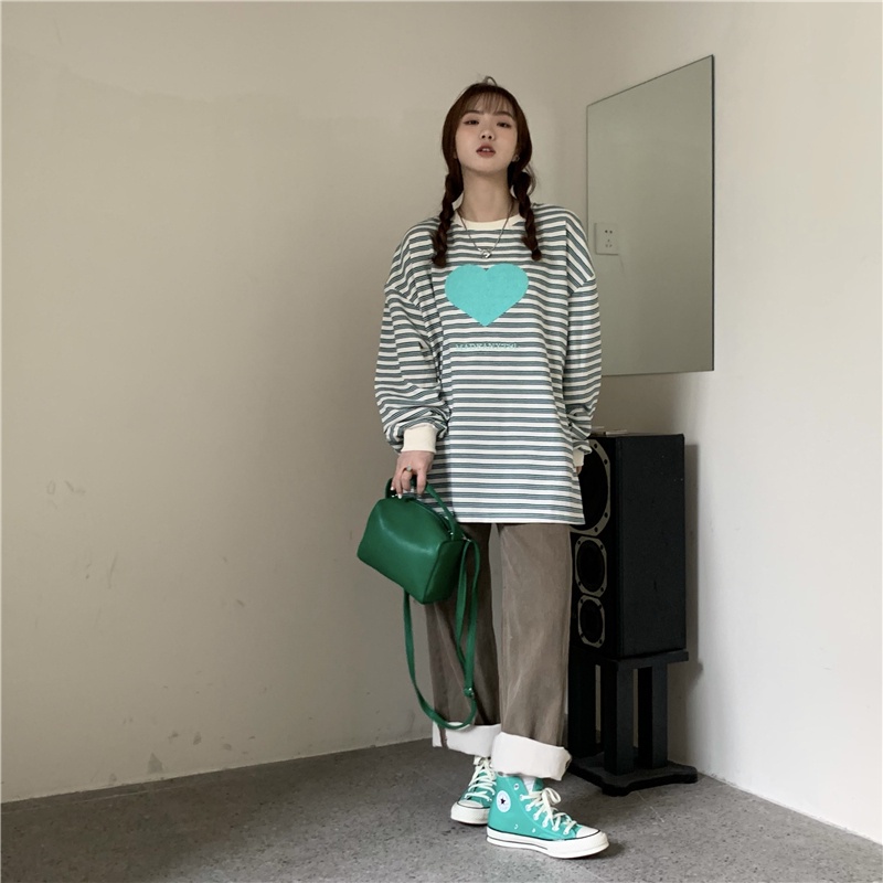 Áo Thun Tay Dài Cổ Tròn Kẻ Sọc Thêu Họa Tiết Thời Trang Hàn Quốc 2 Màu Tùy Chọn Cho Nữ | BigBuy360 - bigbuy360.vn