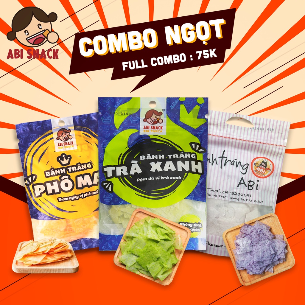 Combo Ngọt 3 bịch bánh tráng Abi (1 Phô Mai 1 Trà Xanh 1 Khoai Môn ) Ăn Chay Được