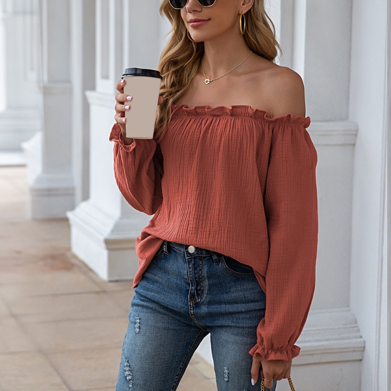 Áo Thun Dài Tay Cổ Tròn Dáng Rộng Hở Vai Màu Khối Màu Sắc Gợi Cảm Cho Nữ