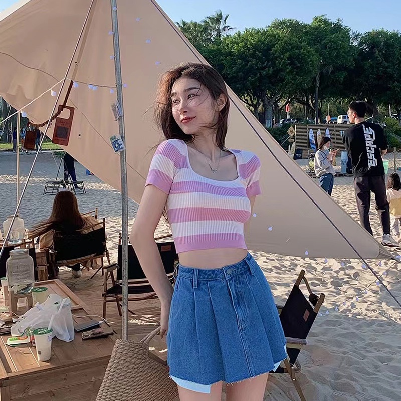 IELGY Áo thun dệt kim ngắn tay IELGY họa tiết kẻ sọc thời trang mùa hè cho nữ