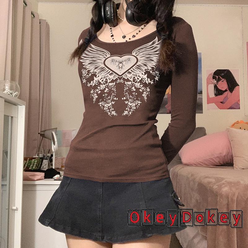 Áo thun tay dài cổ tròn in họa tiết cá tính màu nâu dễ thương cho nữ