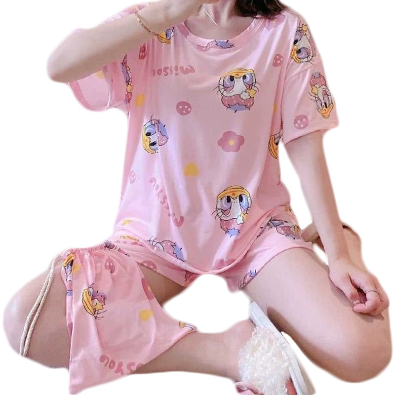 Bộ Đồ Ngủ 2 Món Áo Tay Ngắn Phối Quần Short In Hoa Dễ Thương Thời Trang Mùa Hè Cho Học Sinh