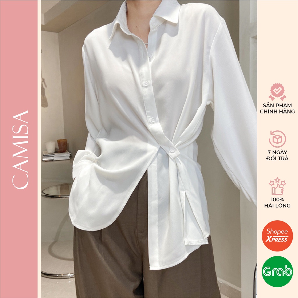 Áo Sơ Mi Nữ CAMISA Công Sở Cách Điệu Cúc Hai Kiểu Hàn Quốc Cao Cấp, Sơ Mi Đẹp Trắng Đen Form Rộng Nữ Kiểu Vải Lụa CM15