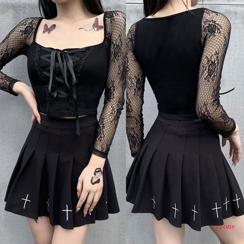 Áo Crop Top Tay Dài Cổ Vuông Phối Ren Màu Đen Phong Cách Harajuku Quyến Rũ Cho Nữ
