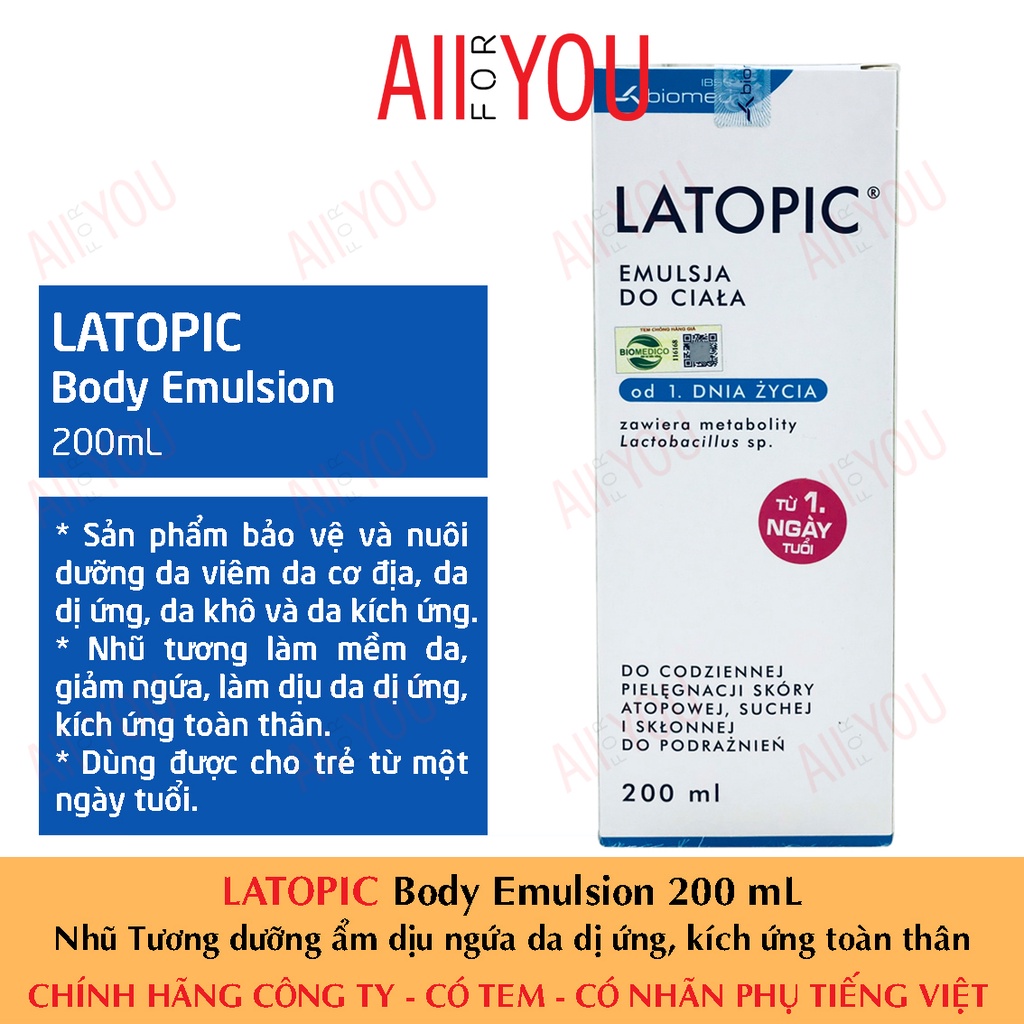 [TEM CTY] LATOPIC Body Emulsion 200 mL - Nhũ Tương dưỡng ẩm dịu ngứa da dị ứng/kích ứng toàn thân