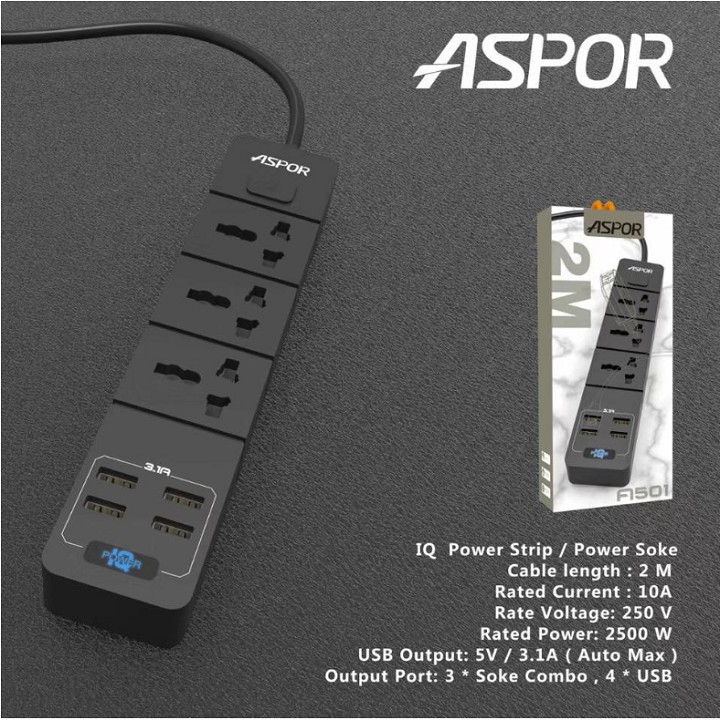 Ổ cắm điện, Ổ Cắm điện thông minh Aspor A501EU Hỗ trợ sạc nhanh 3.1A Với 4 Cổng USB -Tiêu Chuẩn EU Dây dài 2M