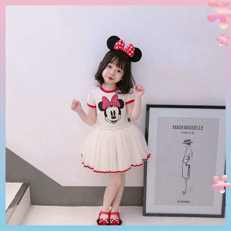 Đầm Công Chúa Họa Tiết Chuột Mickey Minnie Phối Lưới Xinh Xắn Cho Bé Gái