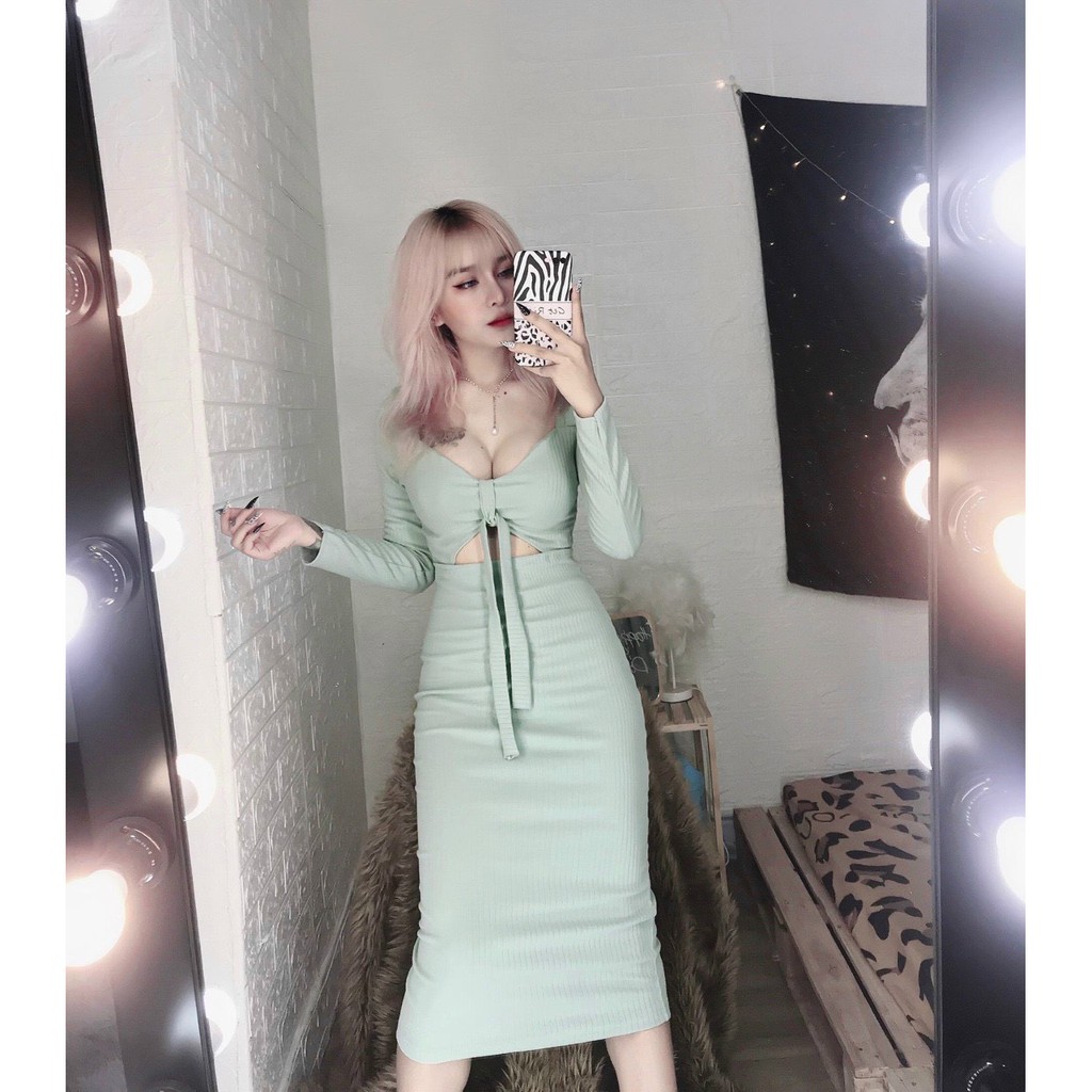 đầm body thun gân hở rốn buộc dây ngực xinh tay dài