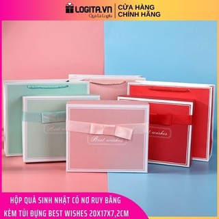 Hộp Quà Sinh Nhật Đẹp Có Nơ Ruy Băng Tinh Tế Kèm Túi Đựng Quà BEST WISHES - Kích thước 20x17x7,2cm