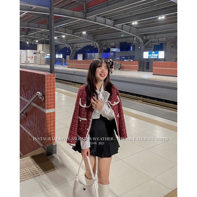(Ảnh thật) Áo khoác dạ tweed đỏ đô viền trắng the.sweaterweather TSW | BigBuy360 - bigbuy360.vn