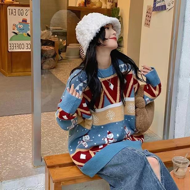 IELGY Áo Sweater Nữ Cổ Tròn Dài Tay In Hình Người Tuyết Giáng Sinh