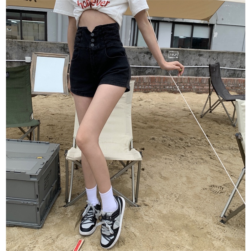 Quần Short Denim Lưng Cao Phong Cách Retro Thời Trang Hàn Quốc Cho Nữ