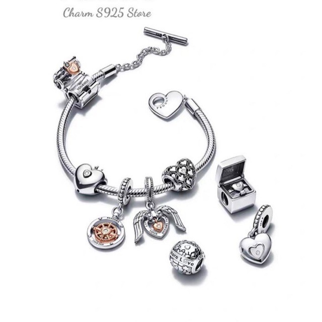 charm pan treo đôi cánh tim bạc s925 cao cấp