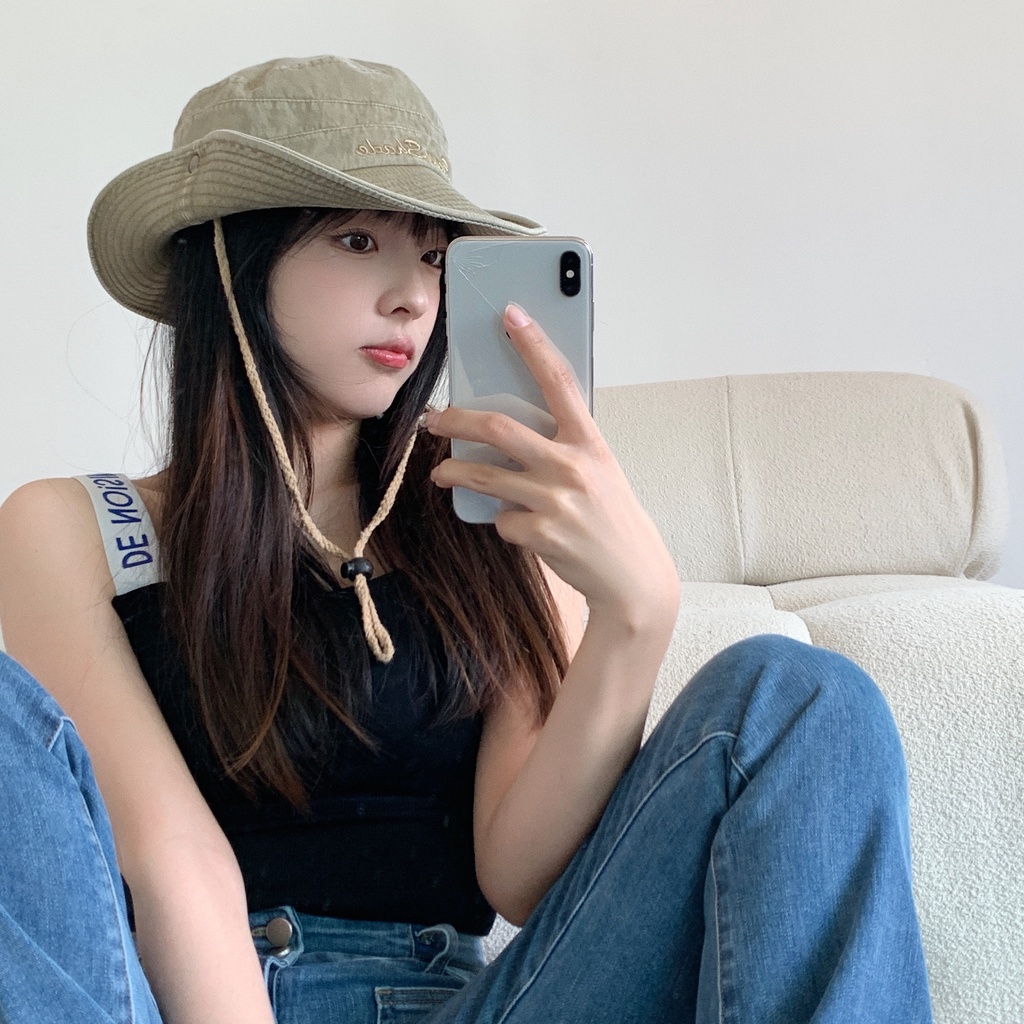 Mũ tai bèo giặt mài chống nắng ngoài trời có dây rút phong cách cao bồi phương Tây cổ điển dễ phối đồ cho nữ