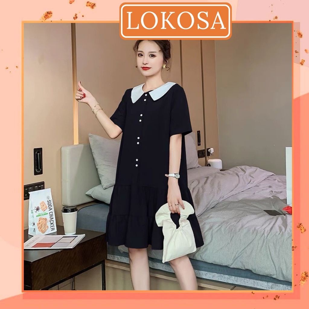 Váy Bầu Dự Tiệc LOKOSA Đầm công sở Babydoll Cổ Sơ Mi Thiết Kế dáng dài Suông Sang Trọng Trẻ Trung VD031